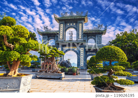 gate at Linh Ung Buddhist pagoda near the statue of Lady Buddha in Da Nang in Vietnam in Asia in summer gate at Linh Ung Buddhist pagoda near the statue of Lady Buddha in Da Nang in Vietnam in Asia in summer 119026195