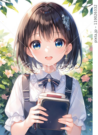 本を手に持つ笑顔がカワイイ日本人の少女 本を手に持つ笑顔がカワイイ日本人の少女 119026332