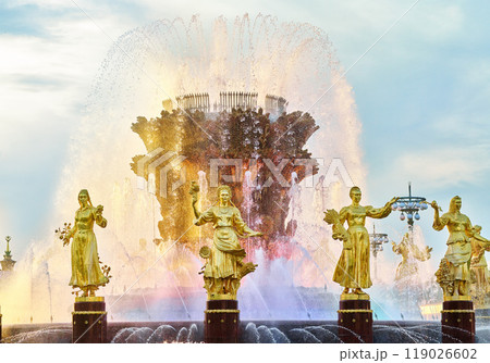 Fountain of Friendship of Nations in Moscow. A warm summer evening. Fountain of Friendship of Nations in Moscow. A warm summer evening. 119026602