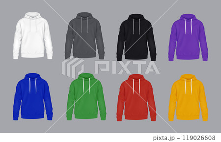 Multicolor mockup hoodies realistic vector illustration set Multicolor mockup hoodies realistic vector illustration set 119026608