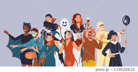 Group of friends in festive Halloween costumes illustration 119026618