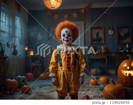 Spooky Halloween kid Clown Surrounded by Glowing Jack-o'-Lanterns 119026650
