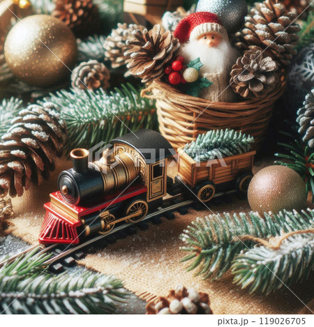 A Christmas toy train among the branches of Christmas trees and New Year's toys and gifts. 119026705