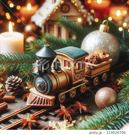 A Christmas toy train among the branches of Christmas trees and New Year's toys and gifts. 119026706
