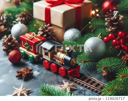 A Christmas toy train among the branches of Christmas trees and New Year's toys and gifts. 119026717