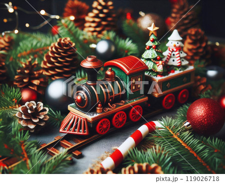 A Christmas toy train among the branches of Christmas trees and New Year's toys and gifts. 119026718