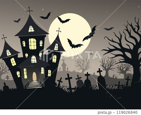 A haunted house stands ominously beneath a full moon, with crooked windows glowing faintly. A winding path leads through a graveyard surrounded by twisted, barren trees. A bat flies across the eerie, 119026840