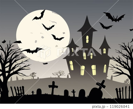 A haunted house stands ominously beneath a full moon, with crooked windows glowing faintly. A winding path leads through a graveyard surrounded by twisted, barren trees. A bat flies across the eerie, 119026841