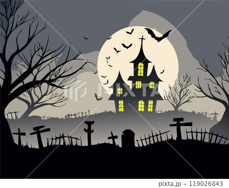 A haunted house stands ominously beneath a full moon, with crooked windows glowing faintly. A winding path leads through a graveyard surrounded by twisted, barren trees. A bat flies across the eerie, A haunted house stands ominously beneath a full moon, with crooked windows glowing faintly. A winding path leads through a graveyard surrounded by twisted, barren trees. A bat flies across the eerie, 119026843