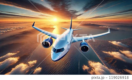 夕焼けの空を飛ぶ未来へのフライト 119026918