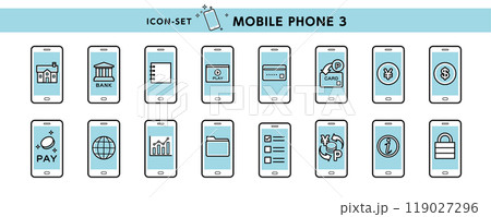 銀行、電子決済、ポイント、お金など携帯電話・スマホの便利機能いろいろアイコン 銀行、電子決済、ポイント、お金など携帯電話・スマホの便利機能いろいろアイコン 119027296