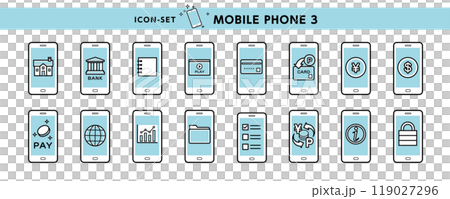 銀行、電子決済、ポイント、お金など携帯電話・スマホの便利機能いろいろアイコン 銀行、電子決済、ポイント、お金など携帯電話・スマホの便利機能いろいろアイコン 119027296