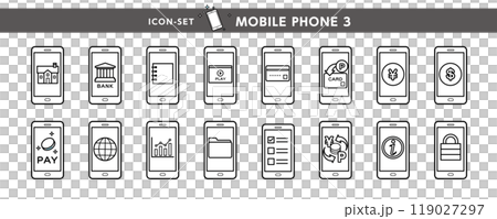 Various icons of convenient functions for mobile phones and smartphones such as banking, electronic payment, points, and money Various icons of convenient functions for mobile phones and smartphones such as banking, electronic payment, points, and money 119027297