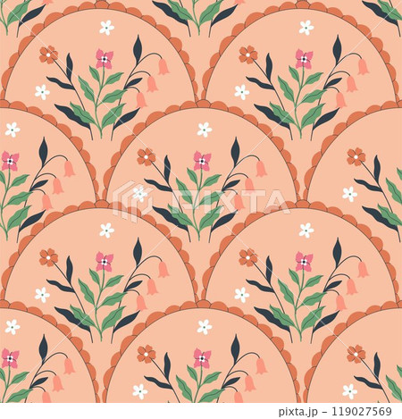 Seamless pattern with flowers on a peach background. Vector graphics. 119027569