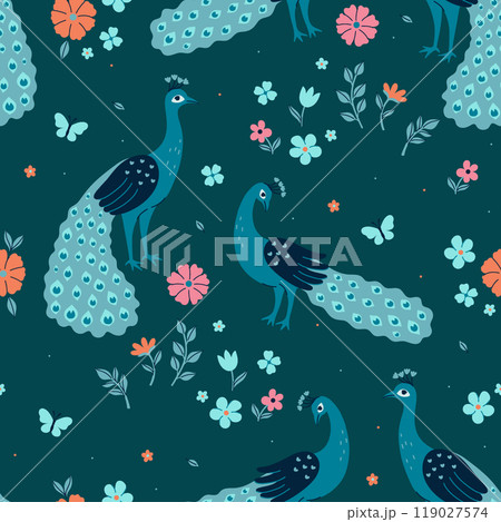 Seamless pattern with peacocks and flowers. Vector graphics. 119027574