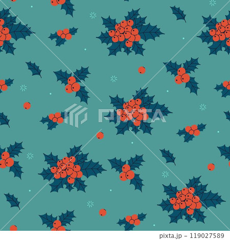 Seamless pattern with winter berries and holly leaves on a turquoise background. Vector graphics. 119027589