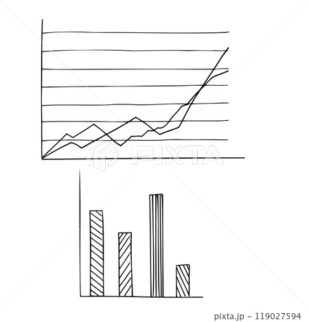 Business analytical trend line graph and infographic statistic bars histogram line art black ink sketch. Graphic charts design template drawn monochrome flat. Vector illustration for business. 119027594
