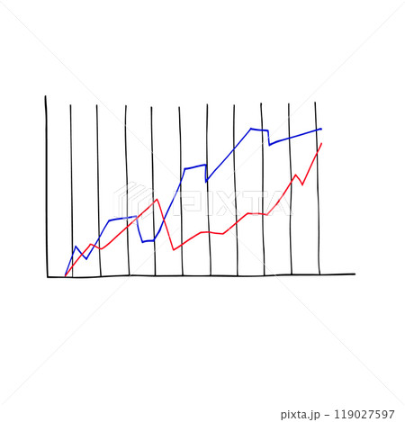 Analytical graphic chart with red, blue trend lines hand drawn ink sketch. Change in time of election results or income, plans. Vector illustration for business data presentation, election results. 119027597