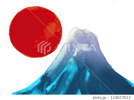 2025年 巳年 年賀状用 初日の出と富士山手書き和風筆イラスト 2025年 巳年 年賀状用 初日の出と富士山手書き和風筆イラスト 119027612