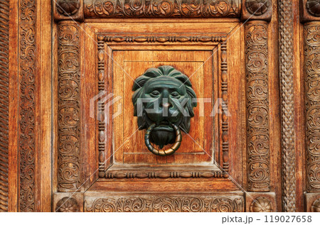 Metal antique lock in the shape of a lion on a wooden door.  Close-up. 119027658