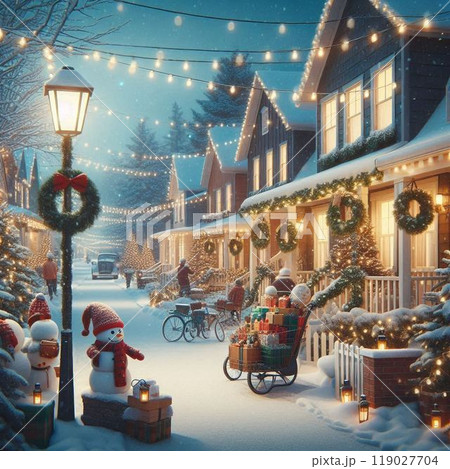 クリスマスの夜、雪が降る夜のクリスマスツリー 119027704