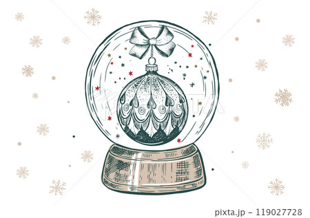 Christmas snow globe with toy, Hand drawn vector illustration. 119027728
