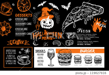 Restaurant cafe menu, template design, Halloween menu, Food flyer. Restaurant cafe menu, template design, Halloween menu, Food flyer. 119027816