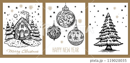 Christmas set with tree, house, ball in sketch style. Hand drawn illustration.	 119028035