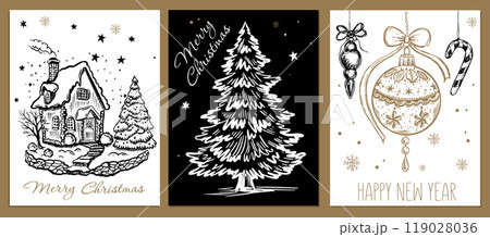 Christmas set with tree, house, ball in sketch style. Hand drawn illustration.	 119028036