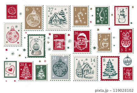 Christmas Stamps, mail, Advent calendar with tree, ball,, postcard hand drawn illustrations. 119028102