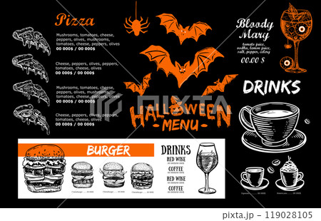 Halloween menu on black background, hand drawn illustrations.	 119028105