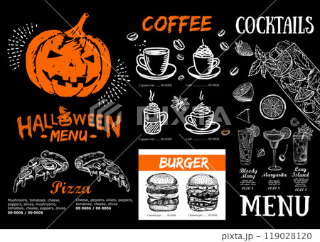 Halloween menu on black background, hand drawn illustrations.	 119028120