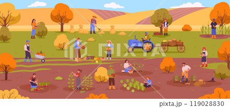 Farmland harvesting. Rural agriculture workers picking harvest and making hay, agriculture fall harvest flat vector background illustration. People work on farm 119028830