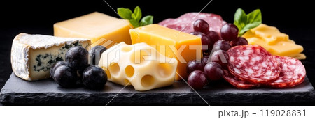 Elegant charcuterie board featuring an assortment of cheeses meats fruits Elegant charcuterie board featuring an assortment of cheeses meats fruits 119028831