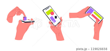 Hands holding smartphone. Human hand touch screen, mobile phones users, fingers scrolling and tapping device screens flat vector illustration set. Cartoon smartphone users Hands holding smartphone. Human hand touch screen, mobile phones users, fingers scrolling and tapping device screens flat vector illustration set. Cartoon smartphone users 119028838