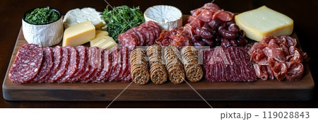 Elegant charcuterie board featuring an assortment of cheeses meats fruits 119028843