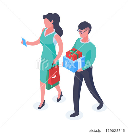 Isometric couple with gifts. People carrying gifts boxes and bags, family winter holidays preparation 3d vector illustration. Christmas characters carrying presents 119028846