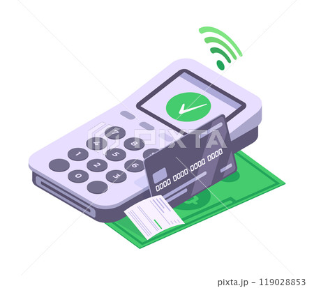Mobile banking transaction. Isometric electronic credit card payment, terminal online contactless payment 3d vector illustration. Contactless payment concept 119028853
