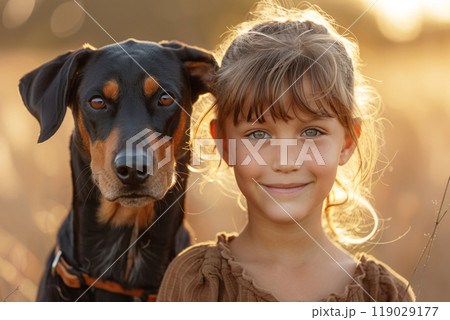 A young girl smiles with her loyal dog by her side, basking in the golden light of the setting sun 119029177