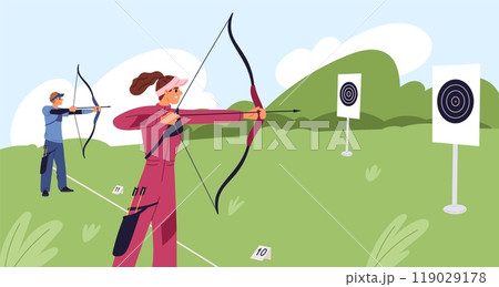 Archery marksmanship competition. Athletes with bows aim at round targets. People shooting arrows. Archer training. Bowman tournament. Accuracy shoot practice. Garish vector concept Archery marksmanship competition. Athletes with bows aim at round targets. People shooting arrows. Archer training. Bowman tournament. Accuracy shoot practice. Garish vector concept 119029178