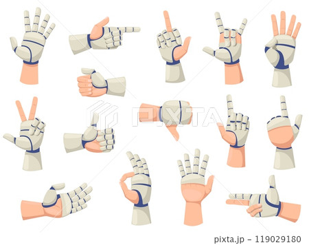 Cartoon robotic prosthesis. Human hands. Cyborg parts. Mechanical robot limbs with prosthetic fingers. Artificial intelligence technology. Medical innovation. Various gestures vector set Cartoon robotic prosthesis. Human hands. Cyborg parts. Mechanical robot limbs with prosthetic fingers. Artificial intelligence technology. Medical innovation. Various gestures vector set 119029180