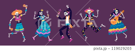 Dancing Mexican skeletons. Male and female deads in carnival costumes. Day of dead party. Halloween festival characters. Skeletal bodies. Bones and skulls. Horror fun. Garish vector set 119029203