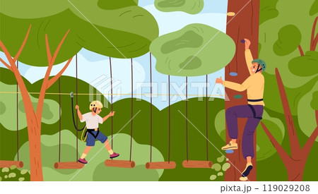 Father and son have fun in rope park. Happy family on adventure forest attraction. Suspension bridge. Kid overcoming obstacles. Dad climbing tree. Extreme sport. Garish vector concept 119029208
