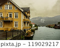 Bank of the Stryneelva River as it passes through the city of Stryn. Norway. 119029217