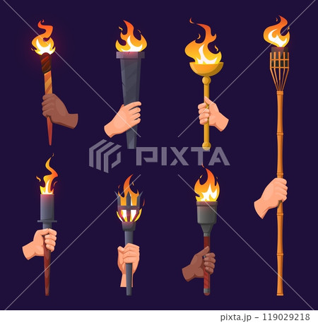 Human hands hold ancient burning torches. Medieval lantern. Stone and metal light sources with flames. Olympic competition symbol. Victory torchlight. Old flambeaus. Vector firelights set 119029218