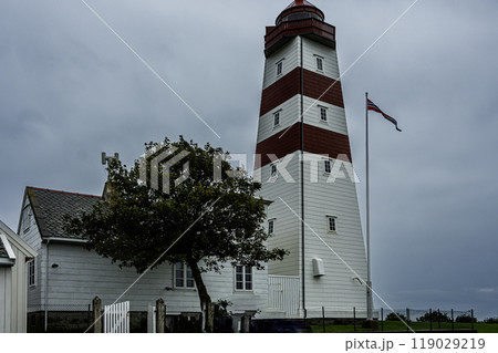 Close up of the Alnes lighthouse located on the Norwegian island of Godoya Close up of the Alnes lighthouse located on the Norwegian island of Godoya 119029219