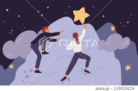 Man and woman conquer mountain top. Overcoming obstacles. Business rivalry. Race for trophy. Motivation and ambition. Colleagues climbing rock peak. Challenge goal. Garish vector concept 119029224