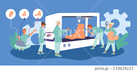 Medical 3D printing. Surgical technologies. Doctors create foot, bones and tissues. Modern prosthetics. Leg prosthesis. Medicine innovation. Hospital treatment. Garish vector concept 119029225