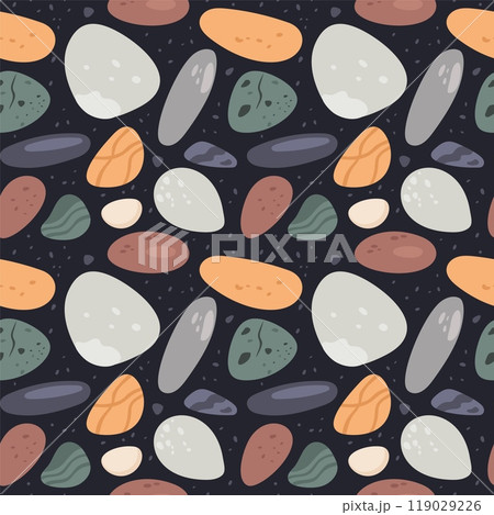 Pebble stones seamless pattern. Rounded smooth cobblestones with textures. Different shapes and colors. Marine gravel cobbles. Geological boulders. Repeated print. Garish vector background 119029226