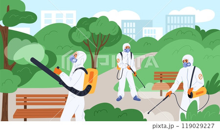 People in protective uniforms disinfect park. Exterminate pests. Poisons spraying against insects in city. Professional disinfection. Pesticide sprayer equipment. Garish vector concept People in protective uniforms disinfect park. Exterminate pests. Poisons spraying against insects in city. Professional disinfection. Pesticide sprayer equipment. Garish vector concept 119029227